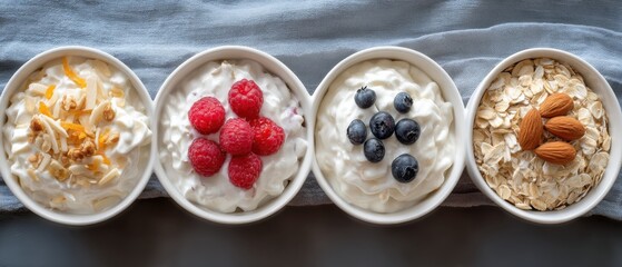 Yogurt Bowls with Toppings Overhead Flat Lay Still Life Displaying Healthy Breakfast Options for Dieting and Nutrition on Blue Linen