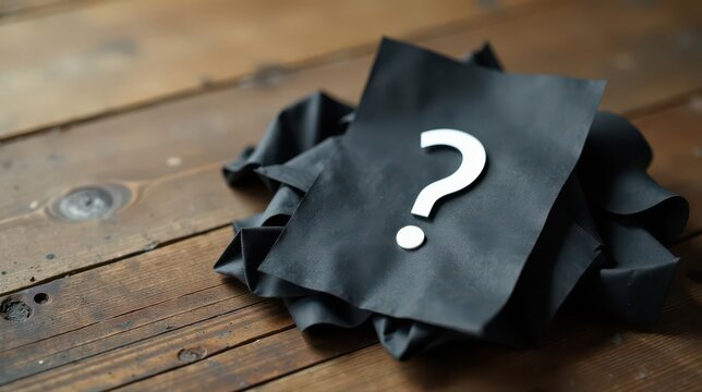 A crumpled dark textile piece rests on a wooden surface, featuring a prominent question mark, symbolizing uncertainty and the unknown.