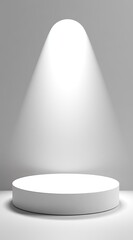 A white cylindrical pedestal sits centrally illuminated by a single overhead spotlight against a light grey backdrop