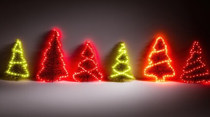 Close-up of a row of green Christmas trees decorated with warm white lights, perfect for holiday themes.