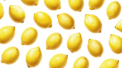 Fresh yellow lemons arranged in a pattern against white.