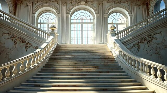 Elegant grand staircase in a historic building with ornate architecture and natural light