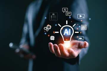 AI innovation concept with businessman holding glowing light bulb and artificial intelligence icons. Symbolizing creativity, machine learning, and futuristic digital transformation in business.