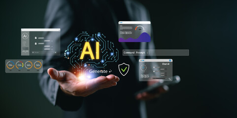 AI generator concept with businessman presenting glowing artificial intelligence icon and digital dashboards. Symbolizing prompt engineering, data analysis, chatbot interface, and innovation.