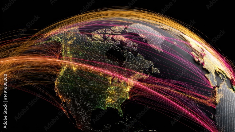 Poster global network connections visualized on earth globe with data streams and city lights high angle