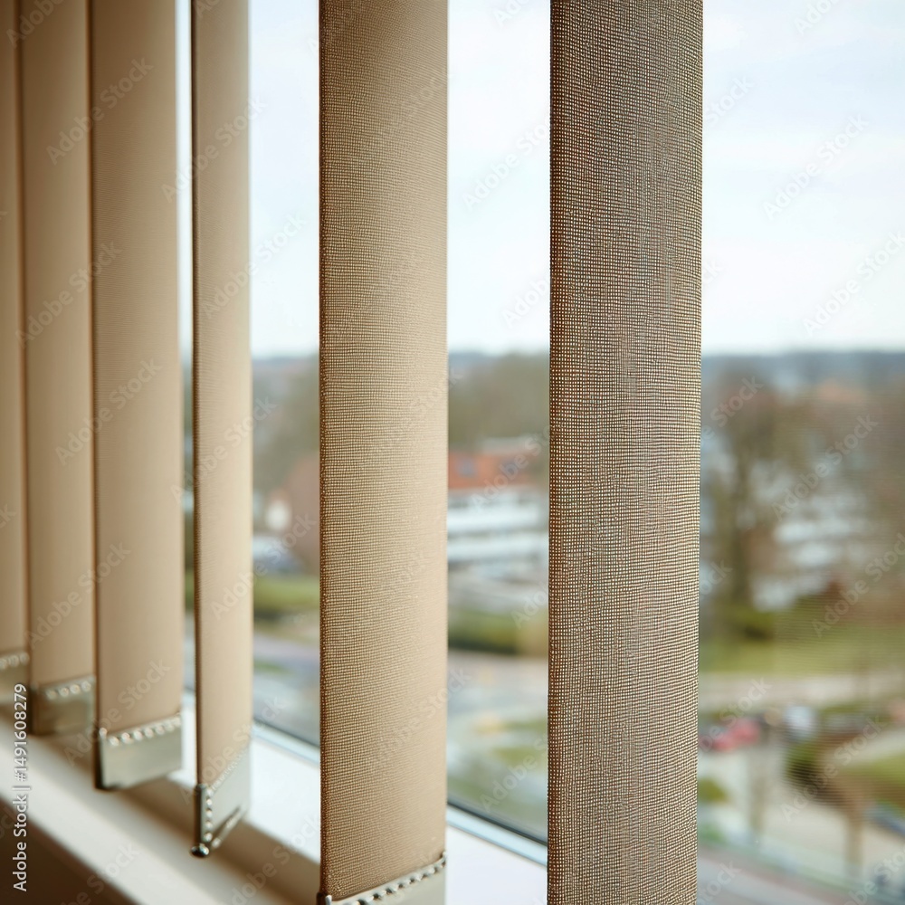 Poster beige vertical blinds hang in a row in front of a window with a blurred view of a residential area o