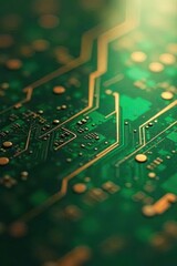 Close-up view of intricate electronic circuitry showcasing complex pathways and connections on a green printed circuit board