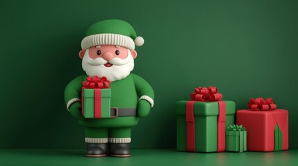 Santa Claus standing beside a colorful pile of wrapped Christmas presents on a white background.