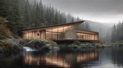 Obraz premium Lakeside Retreat Modern House nestled in serene mountain landscape.