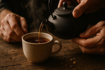 Person pouring steaming tea from traditional teapot into ceramic mug on rustic wooden table