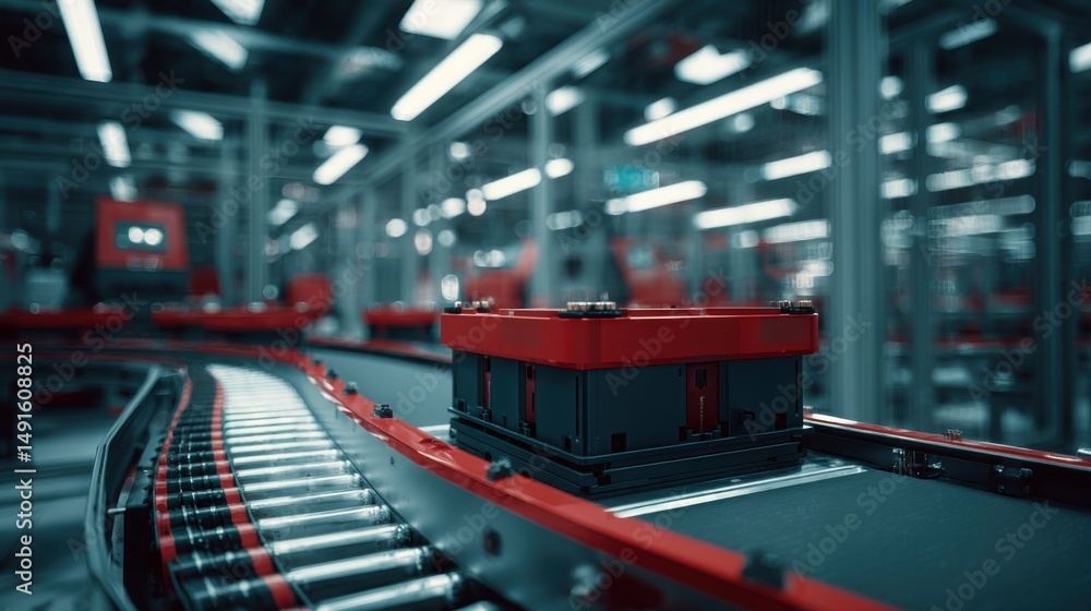 Poster automated factory conveyor belt transporting red container in modern industrial setting low angle