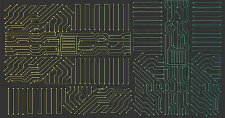 Seamless pattern with chip. green wires, black background. Vector image