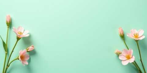 Delicate Pink Blossoms on a Pastel Green Background, Perfect for Springtime Greetings or Feminine Designs
