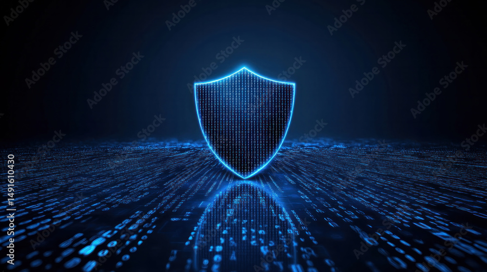 Poster a blue shield with a glowing design on it. the shield is surrounded by a pattern of numbers and lett