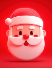 Close-up of Santa Claus face with white beard and red hat against vibrant red background.