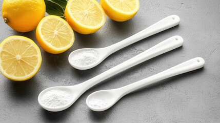 Fresh Lemons and Spoons of Powder on Gray Surface