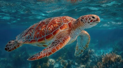 Fototapeta premium Endangered Hawaiian Green Sea Turtle gliding through ocean waters, a serene glimpse of marine conservation in action