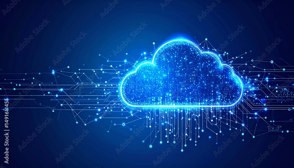 Poster a digital cloud with glowing connections and data streams, symbolizing cloud computing and technolog