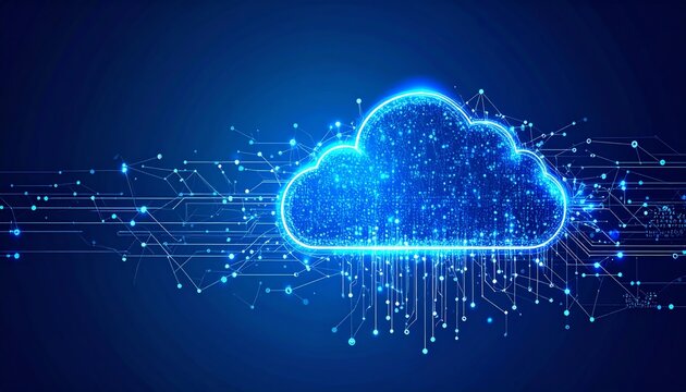 A digital cloud with glowing connections and data streams, symbolizing cloud computing and technology