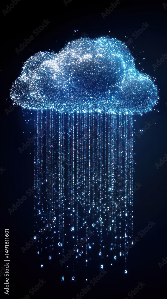 Poster a blue cloud with a stream of light falling from it. the light is made up of small dots that are sca