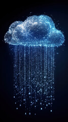 A blue cloud with a stream of light falling from it. The light is made up of small dots that are scattered throughout the cloud. The image has a dreamy, ethereal quality to it