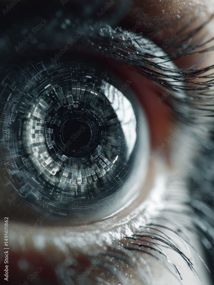 Poster close-up of a futuristic cyborg eye with intricate circuit patterns and long eyelashes in a macro st