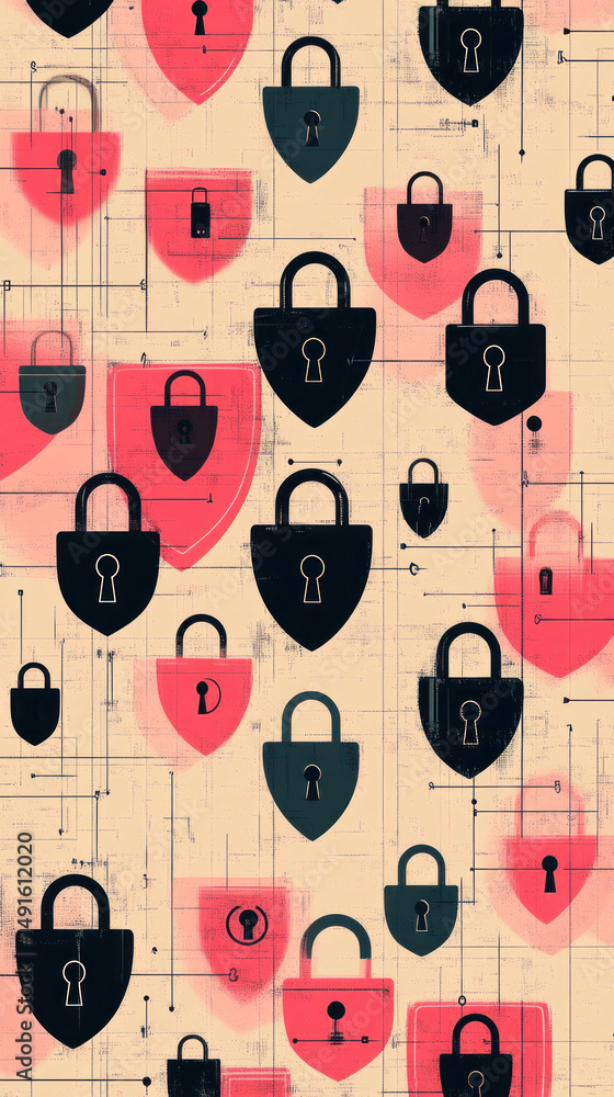 Poster a pattern of locks and keys is displayed in a pink and black color scheme. concept of security and p