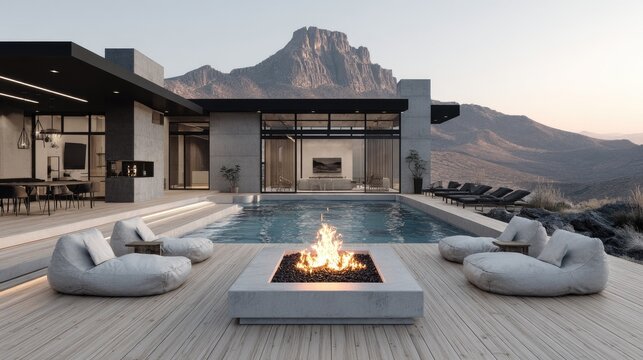 Luxury Pool Villa Fire Pit with Desert Mountain Backdrop, and Modern Design.