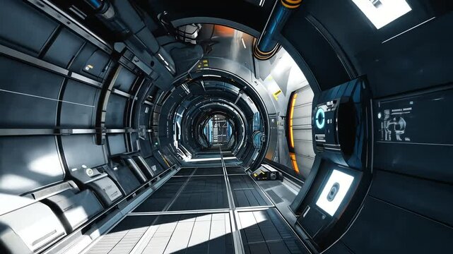 Futuristic corridor in a space station with sleek metallic walls and ambient lighting