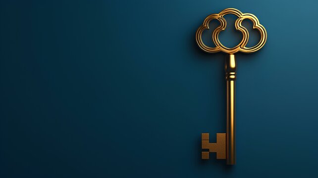 gold key on dark blue background with copy space