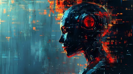 3d rendering of cyborg head with digital glitch effect in cyberspace