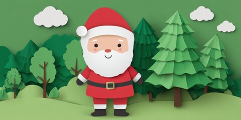 Close-up of Santa Claus in red suit standing outdoors with green forest background during daylight.