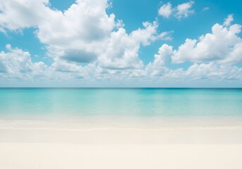 Fototapeta premium Serene Beach Scene Turquoise Ocean, White Sand, and Fluffy Clouds Under a Blue Sky - Coastal Landscape
