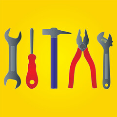 Colorful Hand Tools Illustration on Yellow Background