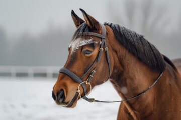 Obraz premium A brown horse with a black mane and tail, wearing a bridle, standing in a snowy field with a white fence in the background.