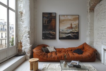 Small Paris apartment living room with white walls, brown leather sofa with metal legs, glass coffee table, modern art, wooden stool, and large window with bright natural light