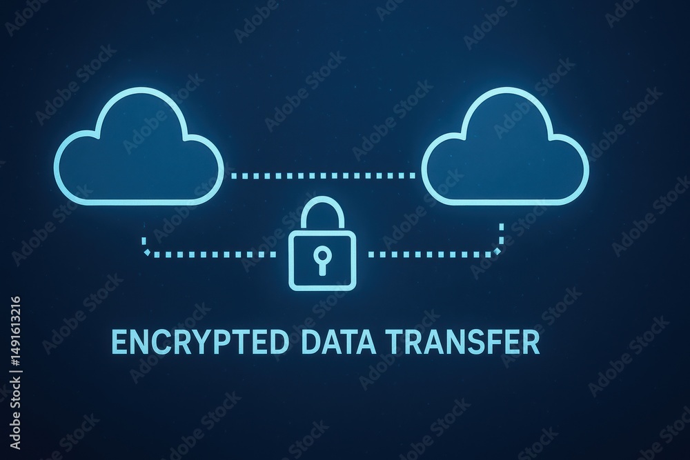 Poster secure encrypted data transfer concept with cloud storage and lock symbol for digital safety