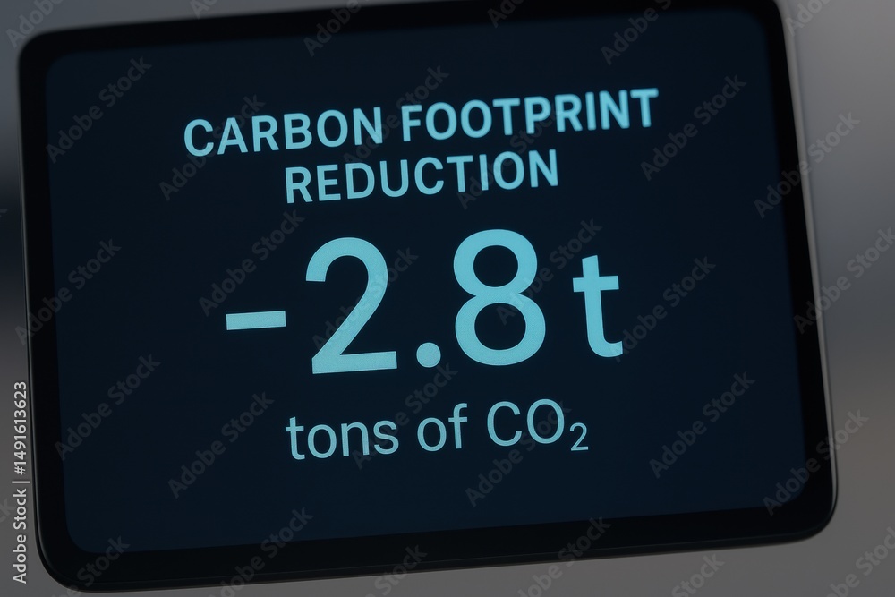 Aufkleber digital display showing carbon footprint reduction measurement in tons of co2 emissions