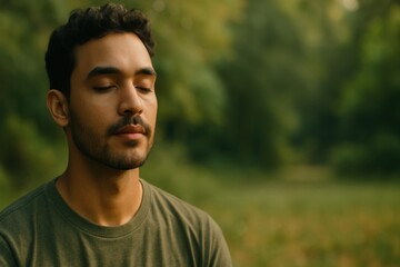 Fototapeta premium Young Man Meditating in Nature, Peaceful Expression, Calm Environment, Mindfulness Practice
