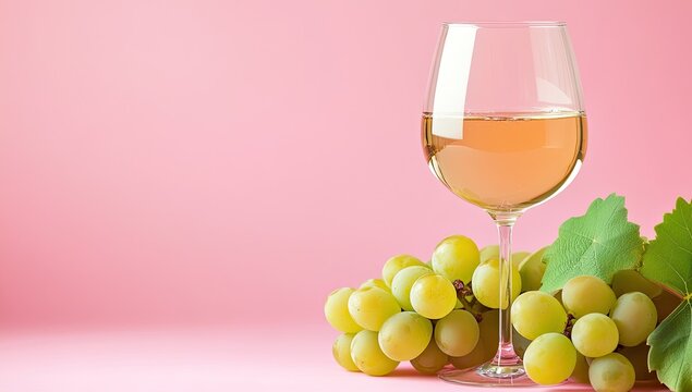 A glass of pale yellow wine sits beside a cluster of ripe green grapes on a pink background