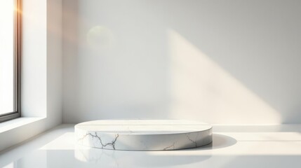 Elegant Circular Marble Pedestal in a Bright Room with Sunlight Streaming Through a Window