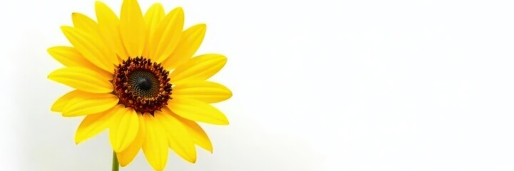 Single sunflower, vibrant yellow petals, crisp white backdrop, close-up, sunny