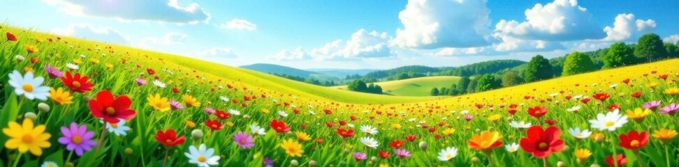 Vibrant wildflowers carpet rolling hills under a bright spring sky , wildflowers, vibrant
