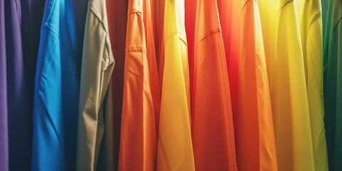 A colorful rainbow of clothing hanging in a closet