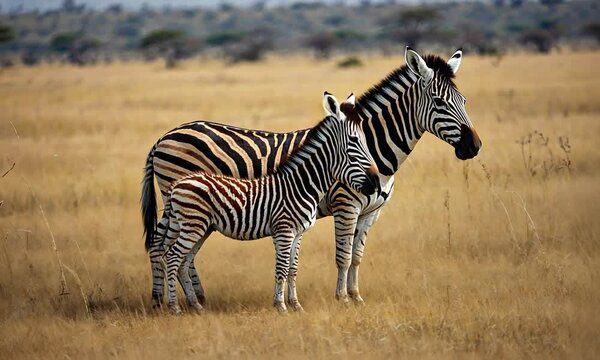 A mother zebra stands protectively beside her young foal in a vast golden grassland under a clear sky