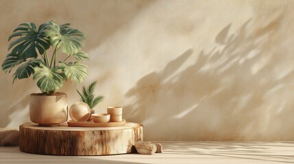 Interior Still Life with Monstera Plant and Wooden Dishes on Platform in Studio with Shadow