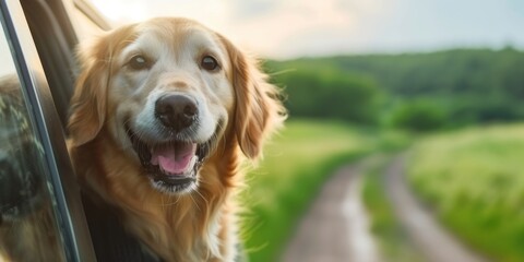 A golden retriever dog with a happy expression, leaning out of a car window with its tongue out, enjoying the view of a green field and a road ahead.