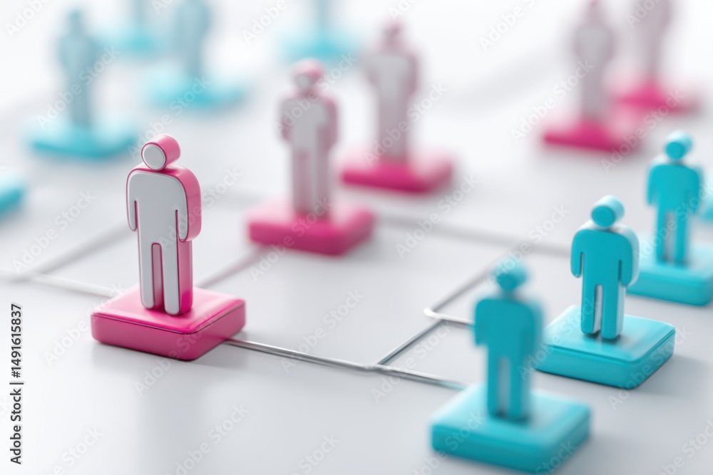 Poster network of pink and blue figures representing teamwork and connection on white background close up