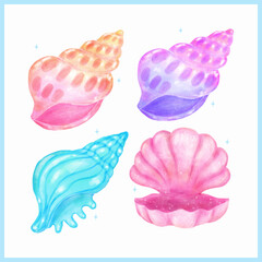 Set of Pastel Conch Seashell and Open Clam shell Blue and Pink Watercolor Sea Shell Gradient