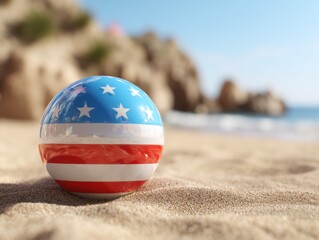 Obraz premium Patriotic beach ball resting on sand at sunny coast; close-up view of summer holiday symbol with American flag design at ocean